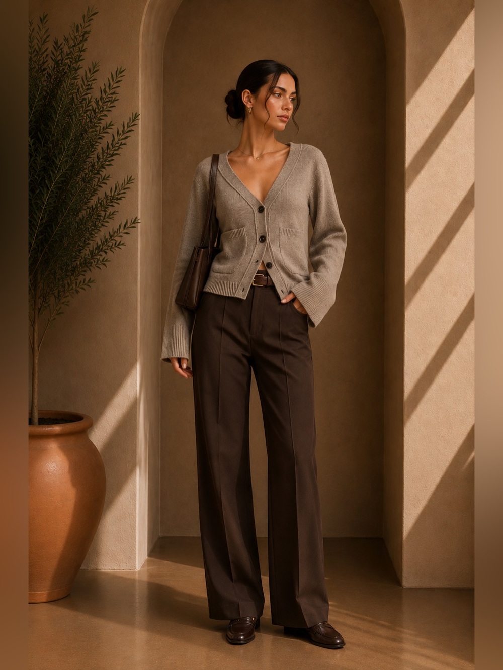 Commense Brown V-Neck Button Cardigan S | Cozy Fall Knit Sweater